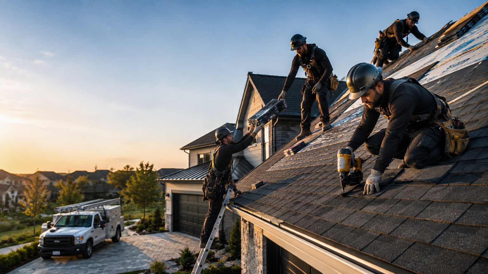 Roofing crew installing shingles on a suburban home at sunset