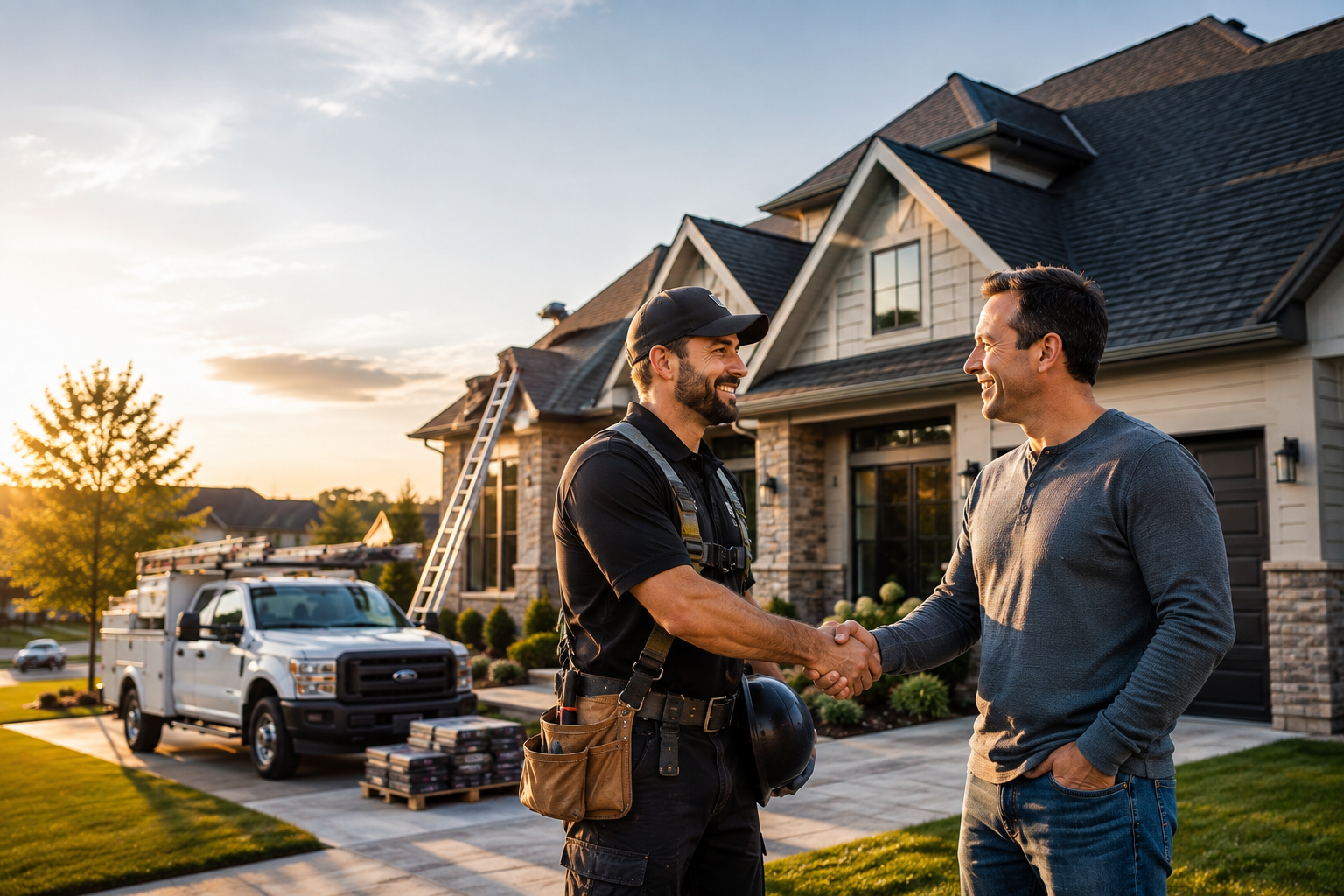 Roofing contractor shaking hands with a happy homeowner